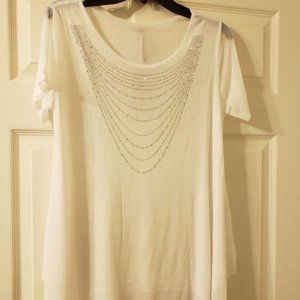 NWT ** SHEER WHITE TOP W/ RHINESTONE NECK